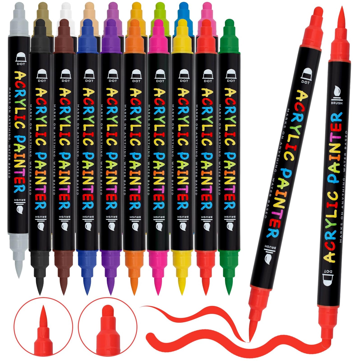18 Colors Acrylic Paint Pens Markers, Dual Tip Markers With Medium Tip and Brush Tip for Rock Painting, Wood, Ceramic, Fabric, Canvas, Easter Eggs, Pumpkin Kit, DIY Crafts