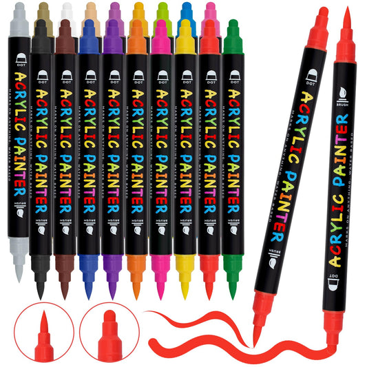 18 Colors Acrylic Paint Pens Markers, Dual Tip Markers With Medium Tip and Brush Tip for Rock Painting, Wood, Ceramic, Fabric, Canvas, Easter Eggs, Pumpkin Kit, DIY Crafts