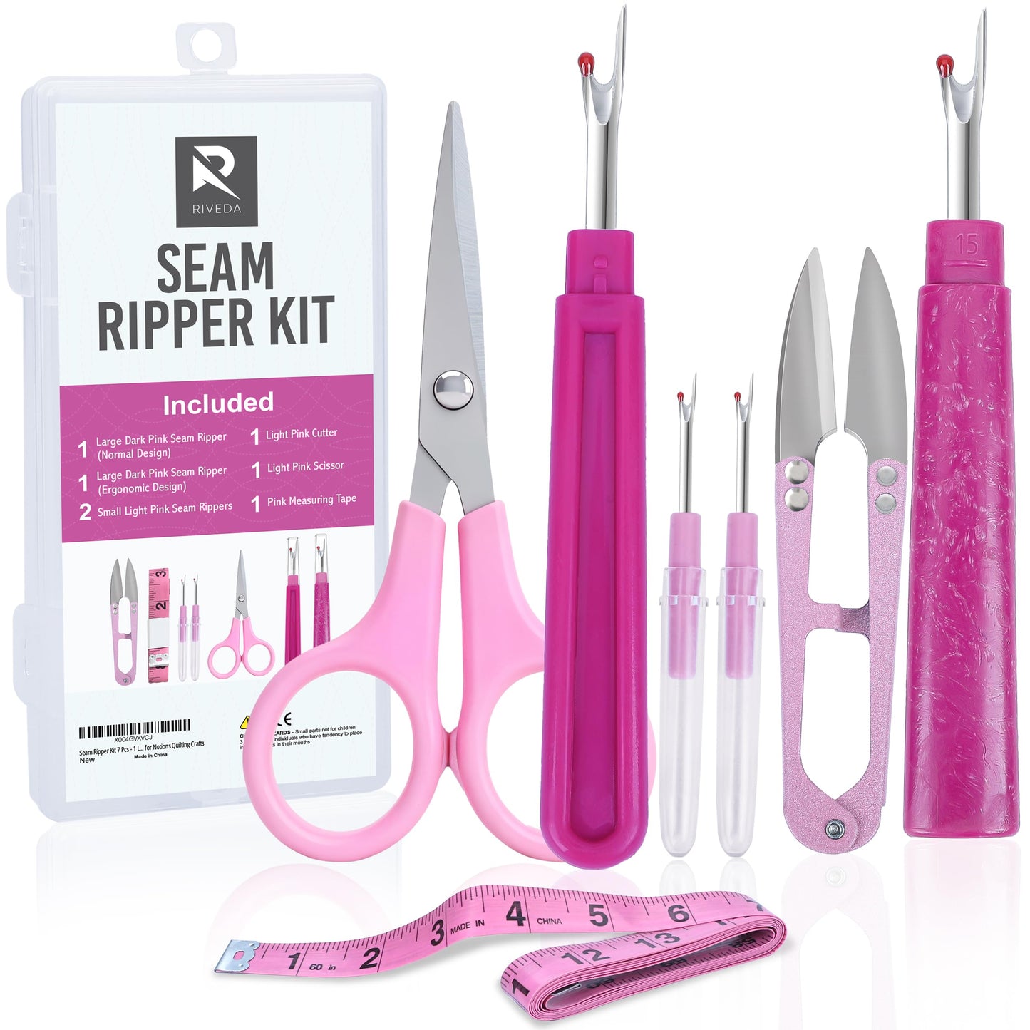 Seam Ripper Kit 7 Pcs - 1 Large, 1 Ergonomic, 2 Small Seam Rippers, Thread Cutter, Scissor, Measuring Tape - Sewing Accessories for Notions Quilting Crafts