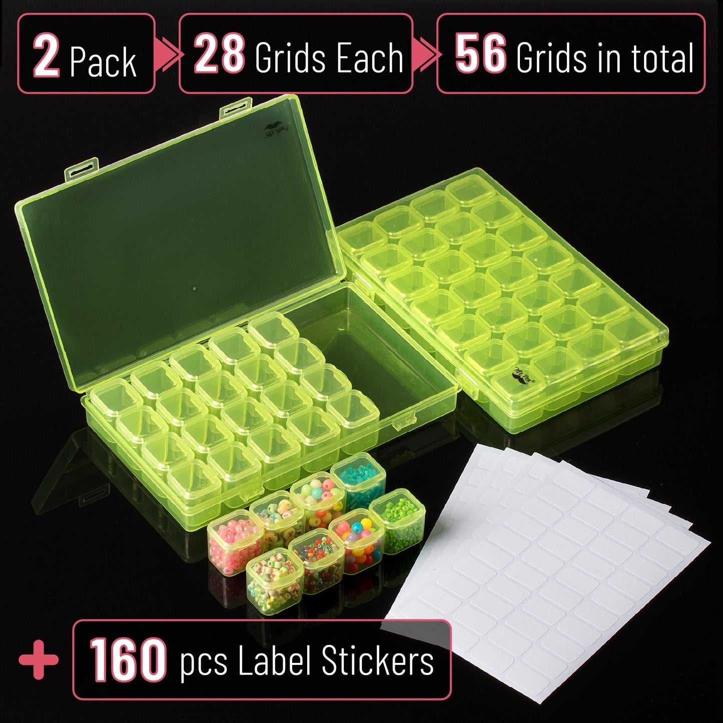 Bead Storage Containers, 28 Grids, 2 Pack, Transparent Green Small Bead Organizer Box