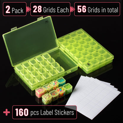 Bead Storage Containers, 28 Grids, 2 Pack, Transparent Green Small Bead Organizer Box