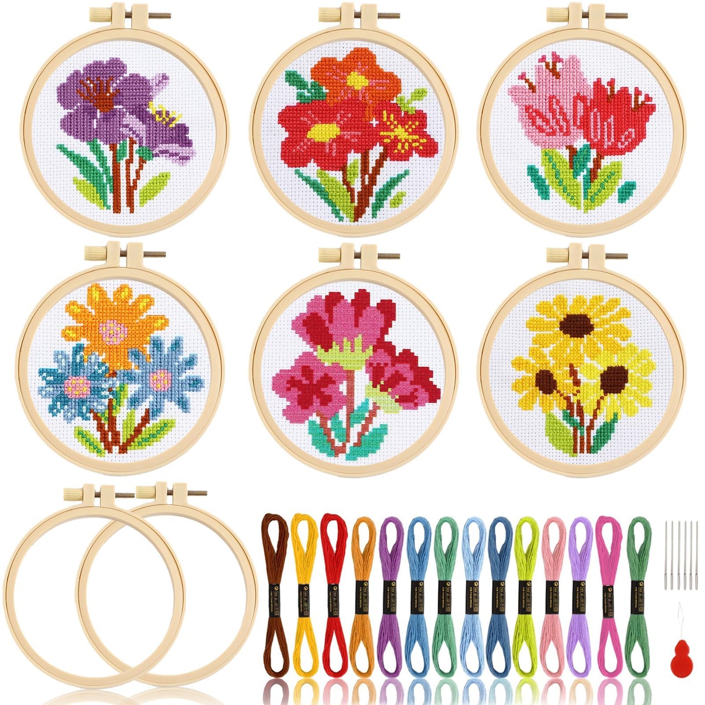 6PCS Spring Summer Themed Flower Cross Stitch Kits for Beginners DIY Embroidery Kit for Kids Adults Mother's Day Gift Birthday Gift Needlepoint Patterns with 2 Embroidery Hoops Craft Supplies
