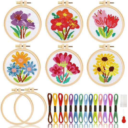 6PCS Spring Summer Themed Flower Cross Stitch Kits for Beginners DIY Embroidery Kit for Kids Adults Mother's Day Gift Birthday Gift Needlepoint Patterns with 2 Embroidery Hoops Craft Supplies