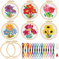 6PCS Spring Summer Themed Flower Cross Stitch Kits for Beginners DIY Embroidery Kit for Kids Adults Mother's Day Gift Birthday Gift Needlepoint Patterns with 2 Embroidery Hoops Craft Supplies