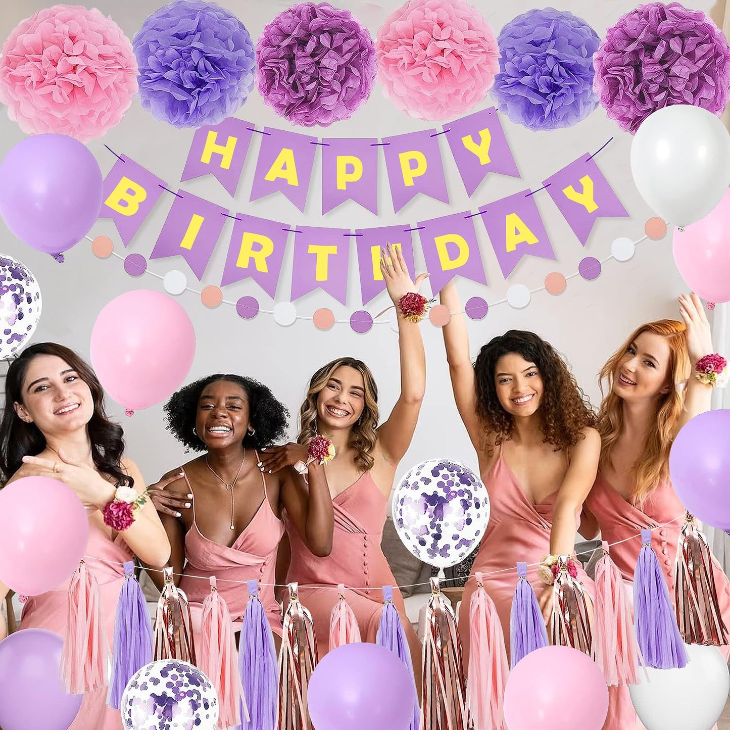 Purple Pink Party Decorations for Women Girls With Happy Birthday Banner, Hanging Swirls, Tissue Paper Pompoms, Circle Dots Garland, Tassel Garland, Purple Balloons