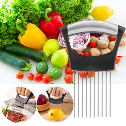 Onion Holder for Slicing, Onion Cutter Vegetable Chopper, Stainless Steel Tomato Slicer Vegetable Cutter for Potato, Avocados, Eggs, Food Slicer Assistant Tool for Fruit Lemon and Meat
