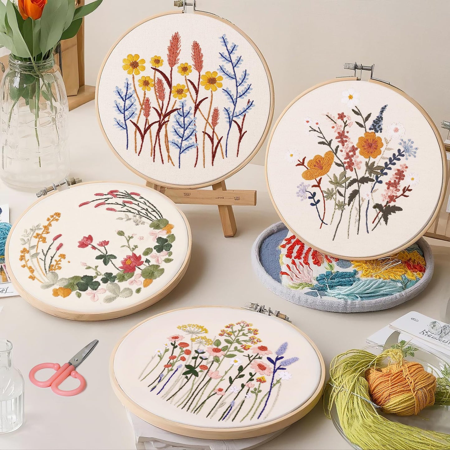 5 Pack Beginner Embroidery Kit for Adults, Easy to Learn Floral Embroidery Patterns from Video & Instruction, Needlepoint Kits for Adults Include Embroidery Hoop, Colorful Threads, Tools