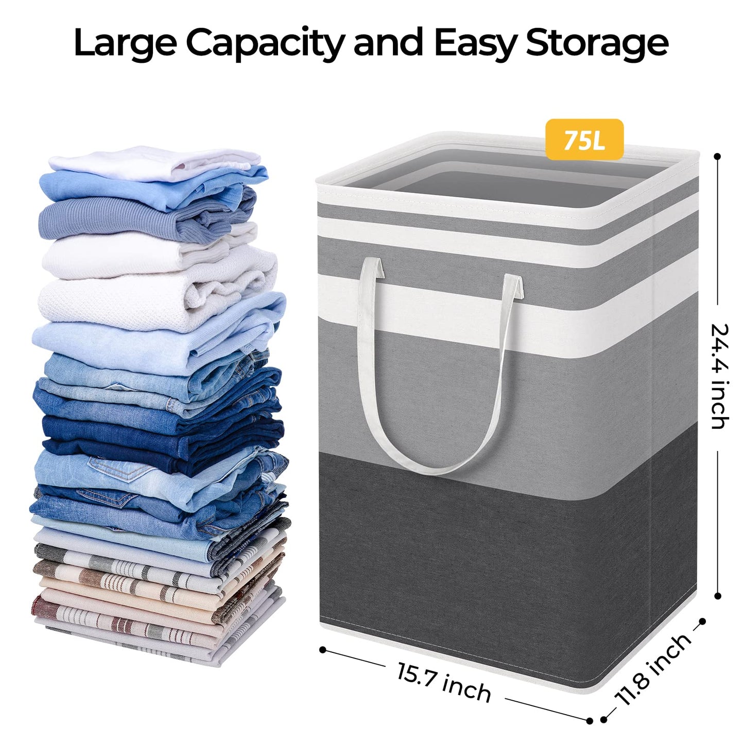 2 Pack Large Laundry Baskets, Waterproof, Freestanding Laundry Hampers, Collapsible Clothes Hamper with Reinforced Handles in Laundry Room, College Dorm, Bathroom, Bedroom (Grey, 75Lx2)