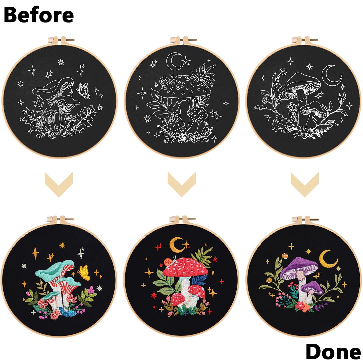 3 Pack Embroidery Kit for Adults Beginners, Stamped Cross Stitch Mushroom Patterns with Hoop, Thread, Needles & Step-by-Step Guide Easy DIY Starter Kit