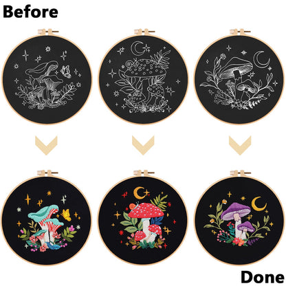 3 Pack Embroidery Kit for Adults Beginners, Stamped Cross Stitch Mushroom Patterns with Hoop, Thread, Needles & Step-by-Step Guide Easy DIY Starter Kit