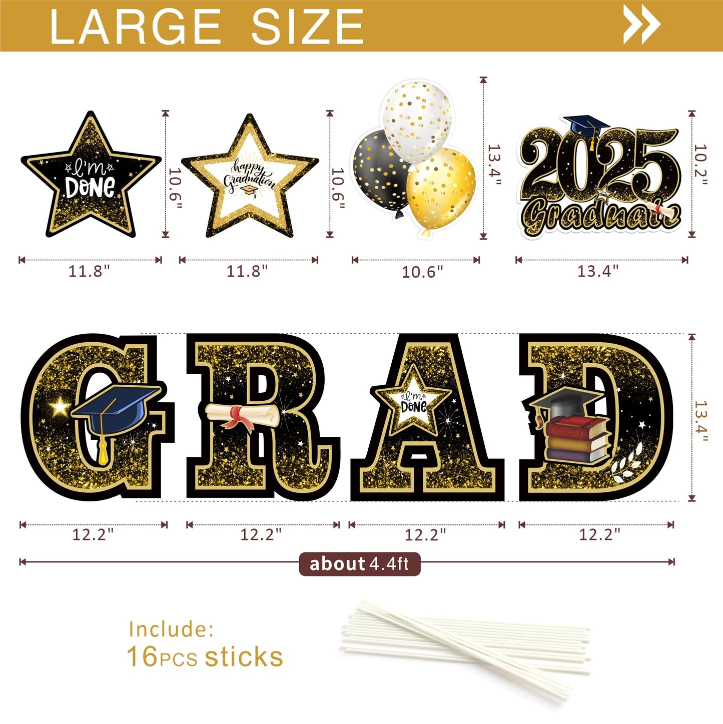 Graduation Yard Sign Decorations 2025, 8 PCS Large Congrats Grad Yard Stakes, Gold and Black Graduation Lawn Signs Decor, Waterproof Outdoor Graduation Party Supplies