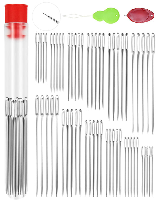60 PCS Large Eye Sewing Needles, 6 Sizes Hand Sewing Needles, Leather Needle Embroidery Thread Needle, Stainless Hand Quilting Needles with Threaders for Hand Sewing Art Crafts