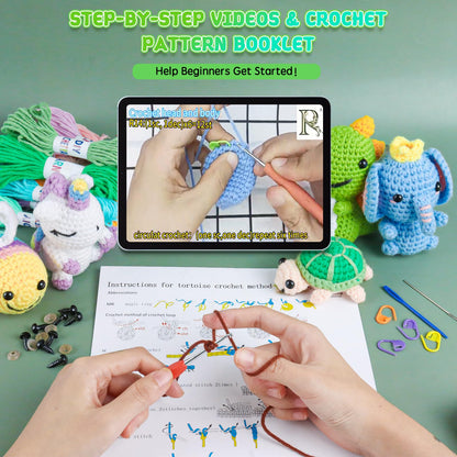 6PCS Crochet Kit for Beginners, Knitting Kit with Step-by-Step Video Tutorials, Beginner Crochet Kit for Adults, Crochet Animal Kit for Beginners Kids, Complete Kit Included 6 Cute Animals