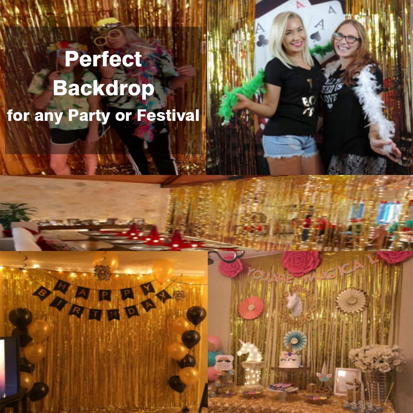 6.4 ft x 9.8 ft Metallic Tinsel Foil Fringe Curtains,Pack of 2 Party Streamer Backdrop for Birthday,Graduation Decorations and New Year Eve (Gold)