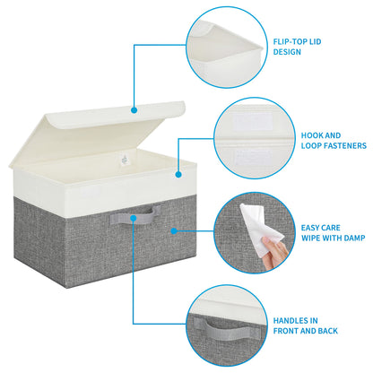SAYS Fabric Storage Boxes, Keepsake Box, Large Storage Bins with Lids, Closet Organizers, Toy Organizer, Storage Baskets for Shelves, White/Gray, 2-Pack