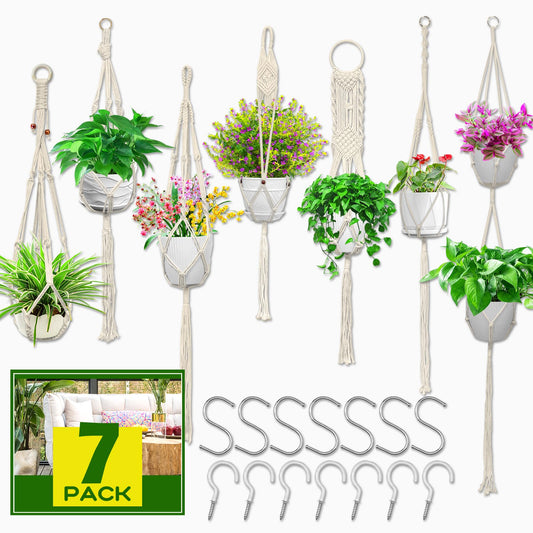 Macrame Plant Hanger,7 Pack Plant Hanger Indoor Hanging Planters with 7Pcs Ceiling and S Hooks-Handmade Macromay Plant Hangers Outdoor Macrame Plant Holder for Boho Home Decor