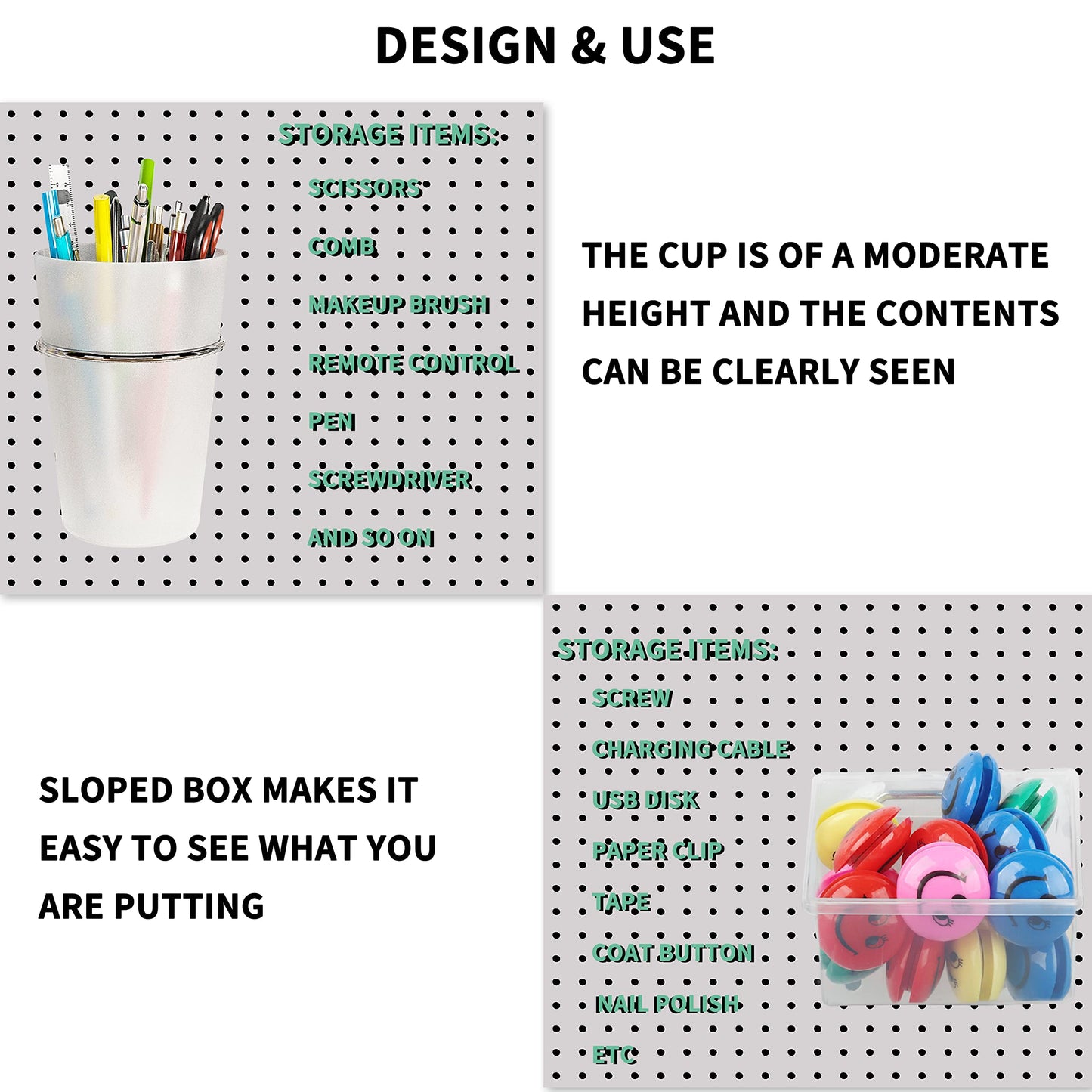 6 Sets Pegboard Bins and Cups with Pegboard Hooks, Pegboard Accessories Baskets, Hooks for Pegboard Cup Holder for Organizing Craft Tools Storage Garage Office Workbench Transparent