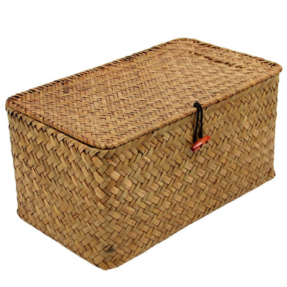 Large Square Sea Grass Baskets for Storage Seaweed Woven Sundries Baskets Sturdy and Durable Natural Material for Make-up with Lid Big Rectangular Seagrass Towel Baskets for Organizing