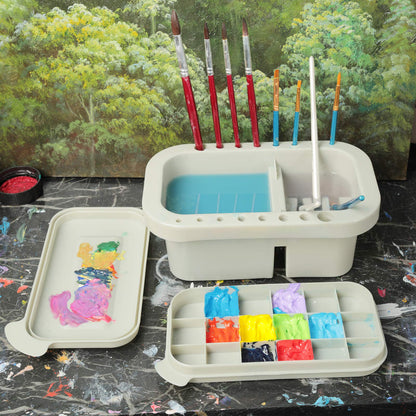 Paint Brush Cleaner, Paint Brush Holder and Organizers with Palette for Acrylic, Watercolor, and Water-Based Paints (Grey)