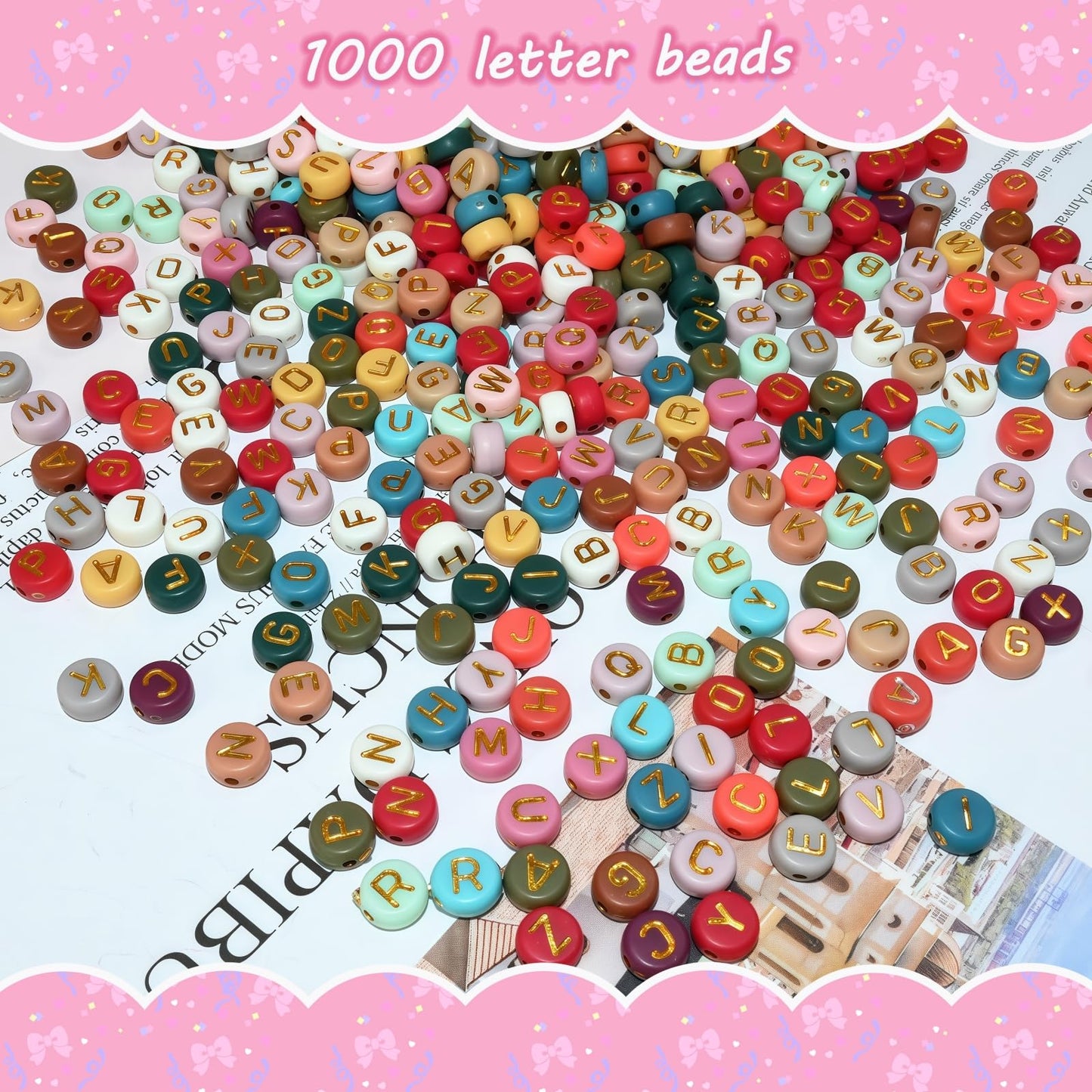 1000pcs 4x7mm Round Letter Beads Colorful Acrylic with Gold Letter Alphabet for Jewelry Making