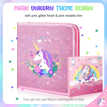 56 Pc Fruit Scented Marker Set with Glitter Unicorn Case, Art Supplies Kit for Kids Ages 4-8
