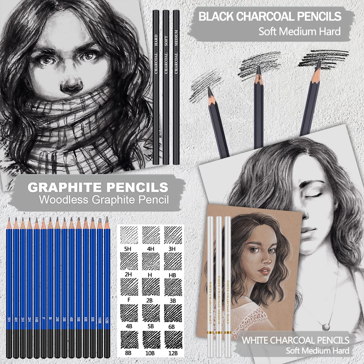 80 Pack Drawing Set Sketching Kit, Pro Art Supplies with 3-Color Sketchbook, Watercolor Pad, Colored, Graphite, Charcoal, Metallic Pencil, for Artist Adults Kids Beginner