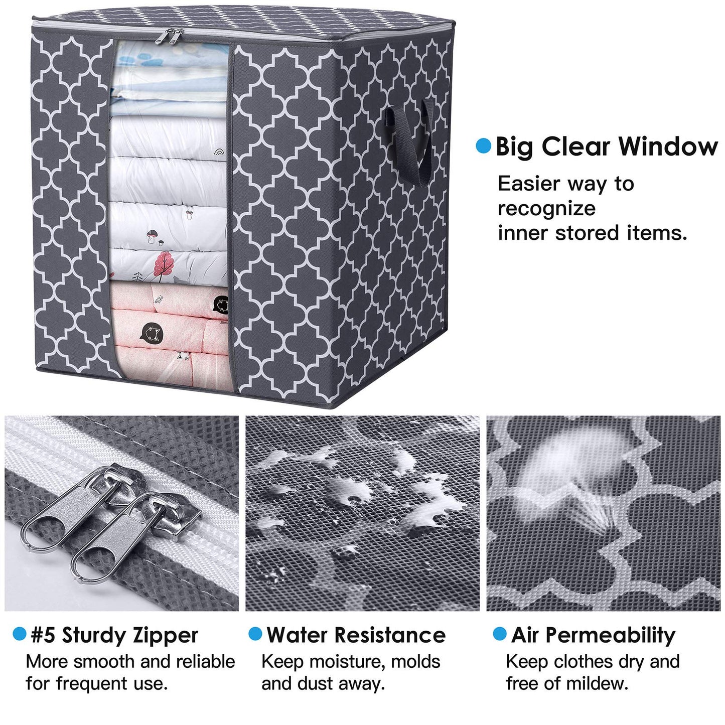 Storage Bags [3 Pack/100L] Large Blanket Clothes Organization and Storage Containers for Comforters,Bedding, Foldable Organizer with Reinforced Handle, Clear Window, Sturdy Zippers,Gray