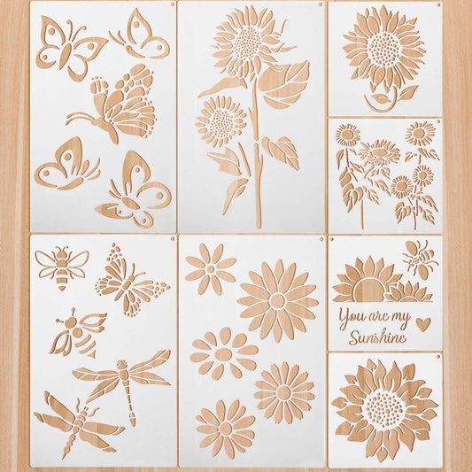 8 Pieces Sunflower Butterflies Painting Stencils Flower Butterfly Stencil Kit for Painting on Wood Wall Canvas You are My Sunshine Reusable Plastic Template for Door Home Decoration