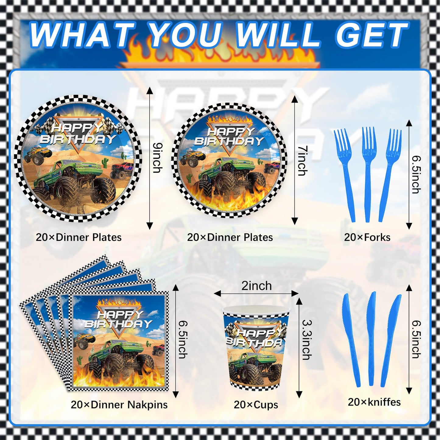 120PCS Monster Truck Party Supplies for Kids Boys 1st 2nd Birthday Party Decorations Monster Car Bday Party Tableware Set Plates Napkin Cups Set for 20 Guests