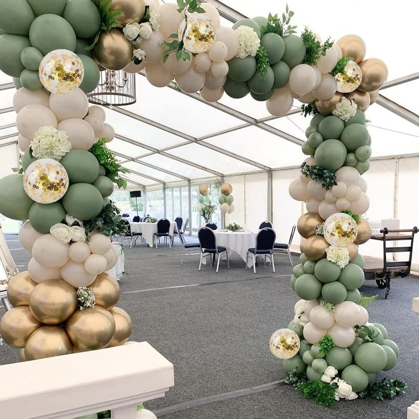 Sage Green Balloons Arch Kit, Green And Gold Balloons White Sand Olive Confetti Balloons Arch for Birthday Baby Shower Bridal Shower Engagement Baptism Wild One Party Decorations