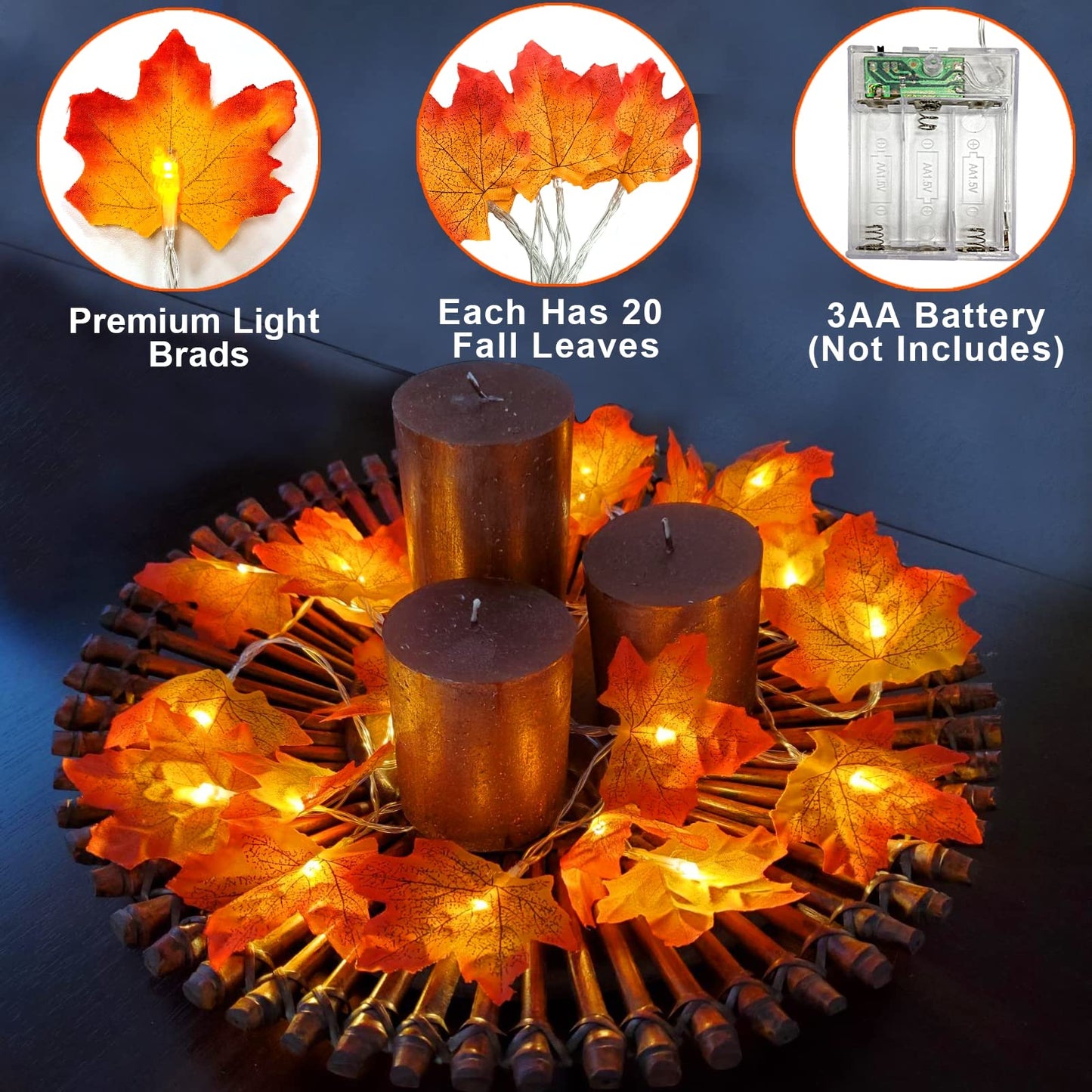 2 Pack Fall Decor Enlarged Maples Leafed Fall Decorations for Home Fall Lights Thick Leafs Garlands, Total 20Ft 40LED Battery Operated Waterproof Thanksgiving Halloween Decor Indoor Outdoor