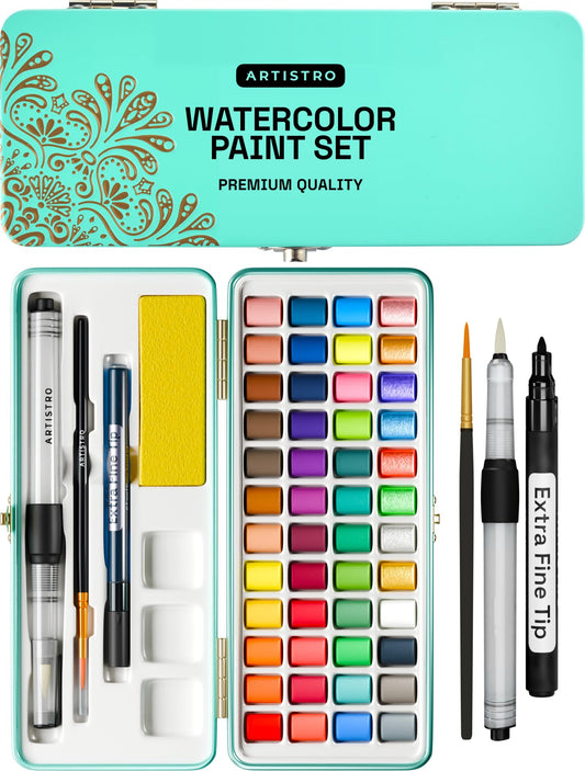 Watercolor Paint Set, Vivid Colors in Portable Box, Palette set, Including Metallic and Fluorescent Colors. Perfect Travel Watercolor Set for Artists, Amateur Hobbyists and Painting
