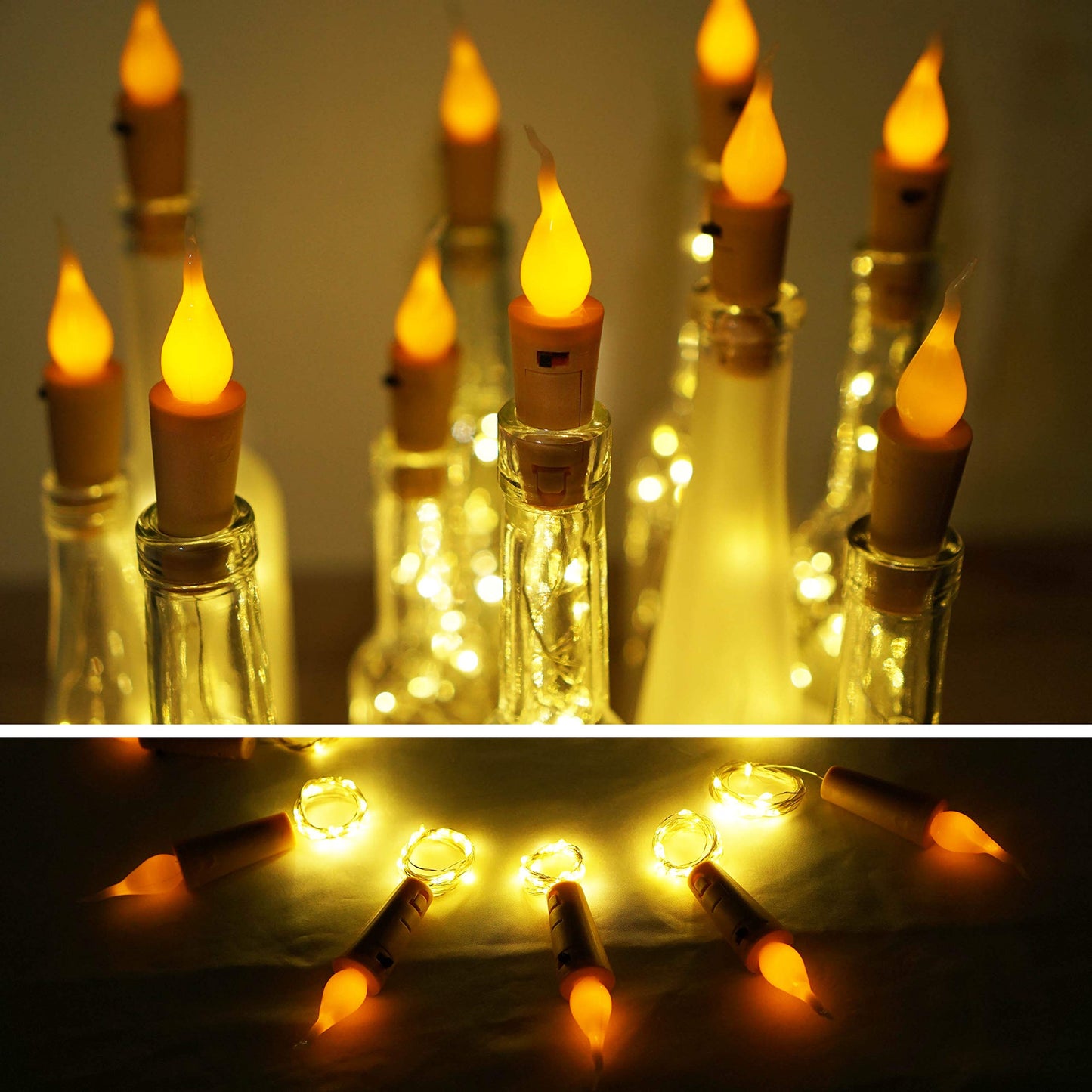 Wine Bottle Lights with Candle Flame, 10 Pack 20 LED Flameless Cork String Light Battery Operated Copper Wire Mini Fairy Starry Lights for Party Wedding Christmas Halloween