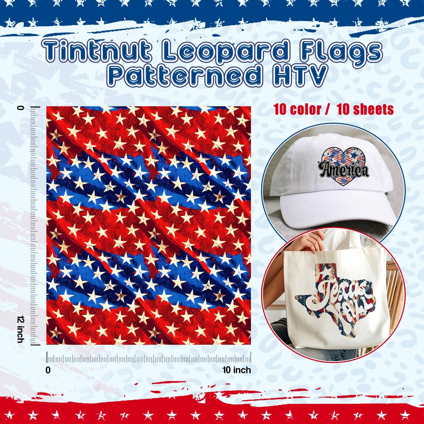 4th of July American Flag - 10pcs 12x10in US Flag Patterned Patriotic HTV Iron On Vinyl Compatible with Cricut/Cameo