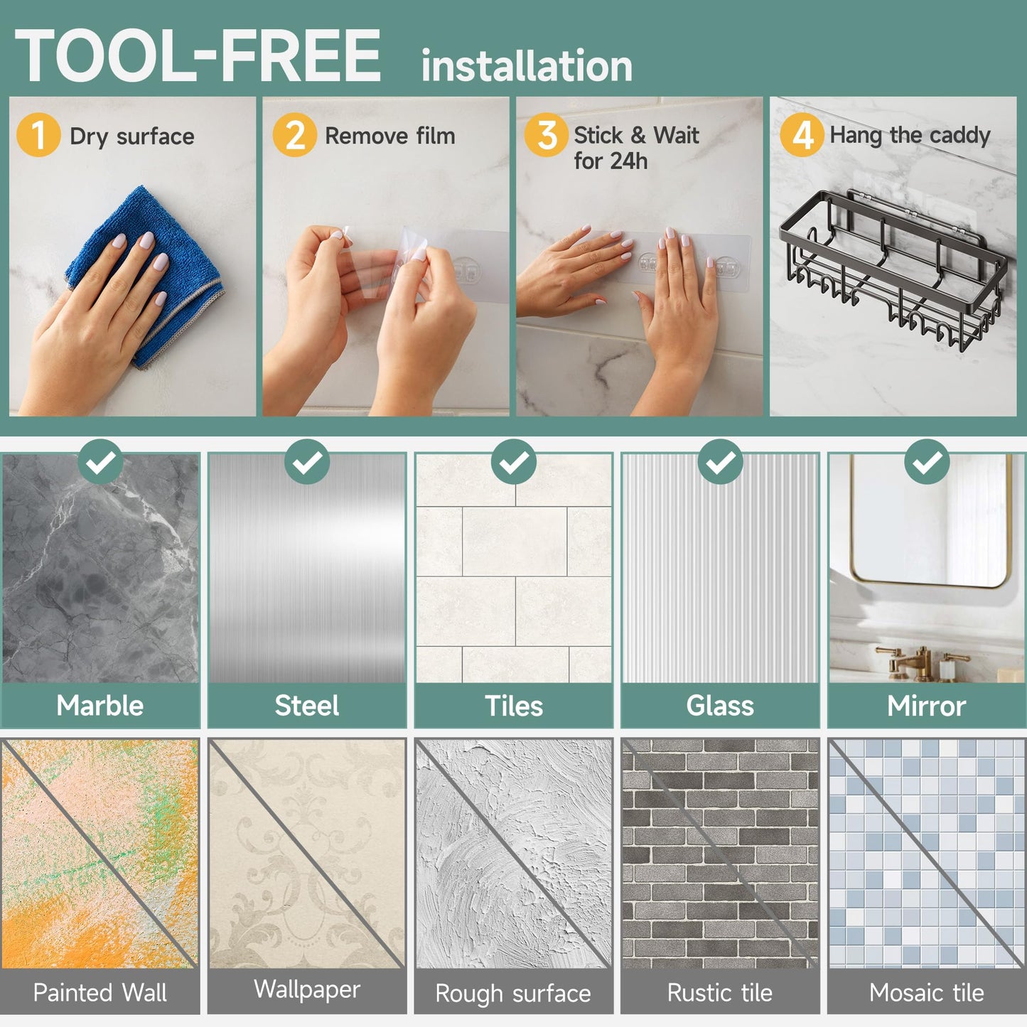 Stainless Steel Shower Caddy 6-Pack, No Drilling & Rustproof, Waterproof Adhesive Shelves Rack with Soap Holder, Large Capacity Bathroom Organizers and Storage, Wall-Mounted Kitchen & Home Decor