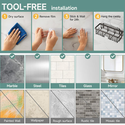 Stainless Steel Shower Caddy 6-Pack, No Drilling & Rustproof, Waterproof Adhesive Shelves Rack with Soap Holder, Large Capacity Bathroom Organizers and Storage, Wall-Mounted Kitchen & Home Decor