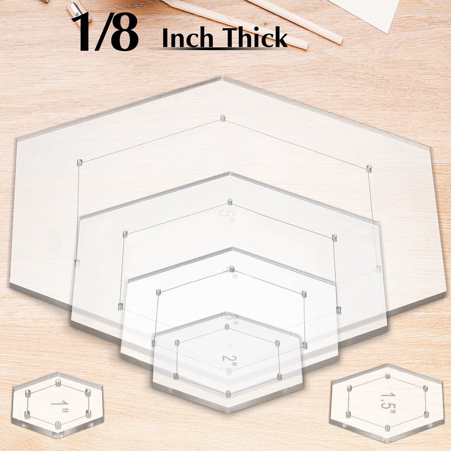 6 Pieces Hexagon Quilting Templates 1 Inch, 1.5 Inch, 2 Inch, 3 Inch, 4 Inch, 5 Inch with 1/4 Inch Seam Allowance, Acrylic Quilting Templates for DIY Sewing Crafts
