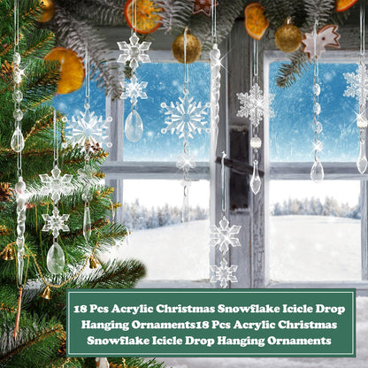 18Pcs Christmas Tree Decoration Crystal Ornaments,Christmas Hanging Snowflakes Decorations Acrylic Icicle Crystal Ornaments for Christmas Tree Winter New Year Party Decor Supplies