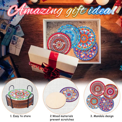 8 Pcs Coasters with Holder, Mandala DIY Diamond Art Crafts for Adults, Small Diamond Painting Kits Accessories