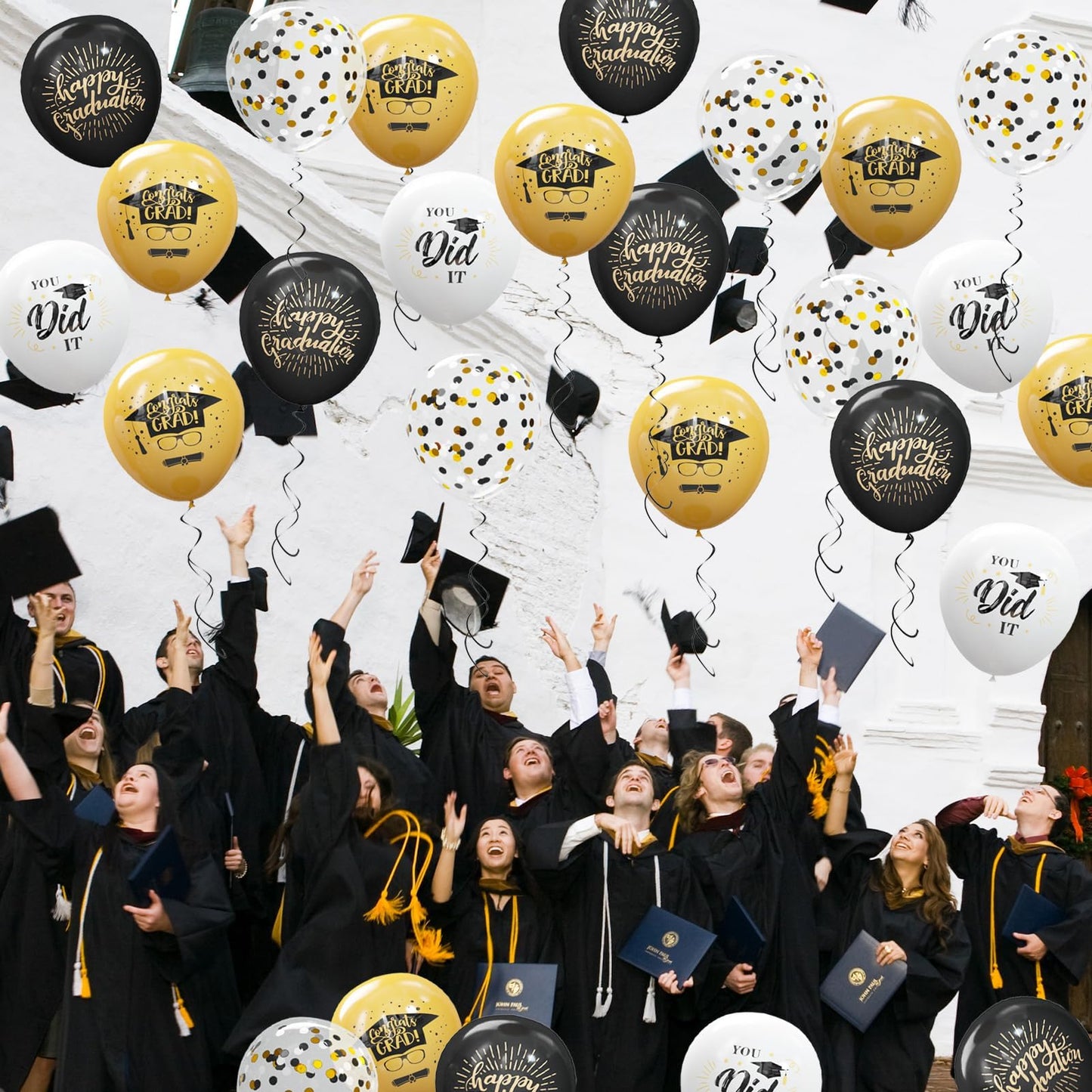 75 Pack Graduation Party Decorations Balloons Set - 12 Inch Black Gold Balloons with Balloon Ribbons for Graduation Party Decoration Supplies