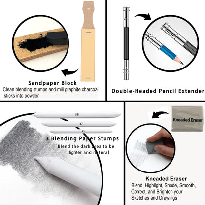 33 Pieces Pro Drawing Kit Sketching Pencils Set,Portable Zippered Travel Case-Charcoal Pencils, Sketch Pencils, Charcoal Stick,Sharpener,Eraser.Art Supplies for Artists Beginner Adults Teens
