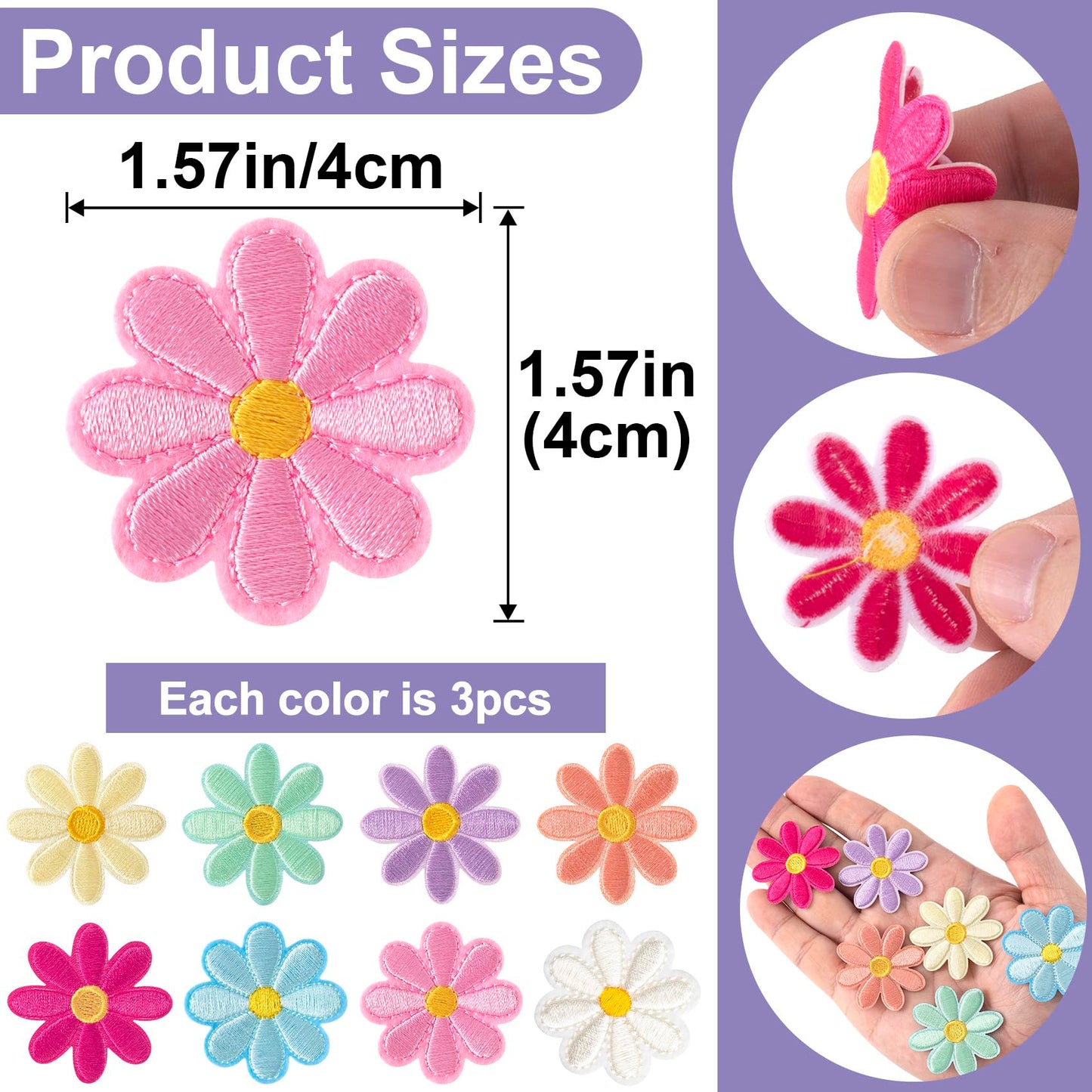 24 Pcs Flower Iron on Patch, Cute Daisy Applique, Sew On Embroidered for Bags, Jackets, Jeans, Clothes DIY, 1.57x1.57inch (W*H), 8 Light Colors