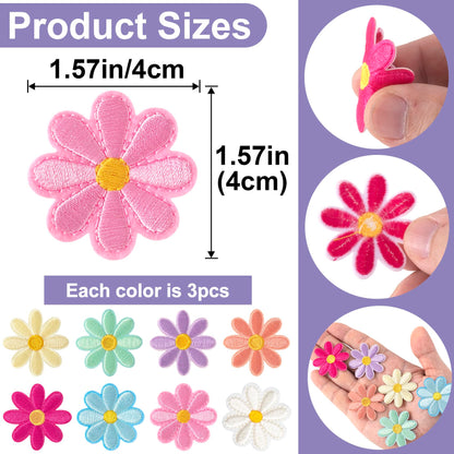 24 Pcs Flower Iron on Patch, Cute Daisy Applique, Sew On Embroidered for Bags, Jackets, Jeans, Clothes DIY, 1.57x1.57inch (W*H), 8 Light Colors