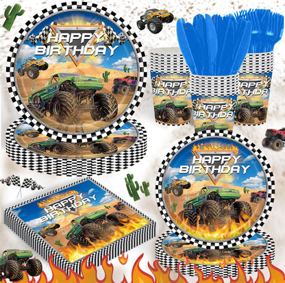 120PCS Monster Truck Party Supplies for Kids Boys 1st 2nd Birthday Party Decorations Monster Car Bday Party Tableware Set Plates Napkin Cups Set for 20 Guests