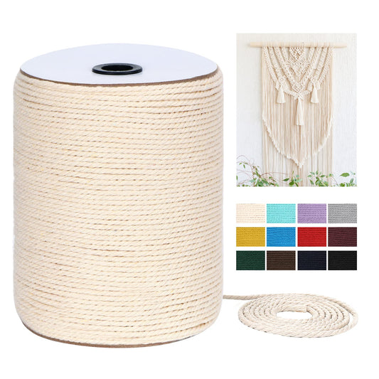 Macrame Cord 3mm x 328Yards(984Feet), Natural Cotton Macrame Rope - 3 Strands Twisted Macrame Cotton Cord for Wall Hanging, Plant Hangers, Crafts, Gift Wrapping and Wedding Decorations