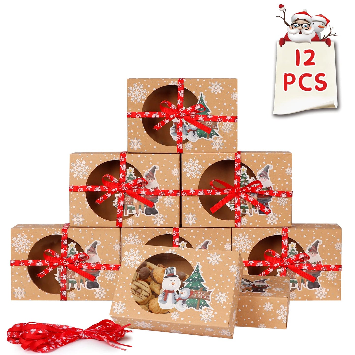 12 Packs Christmas Cookie Boxes with Window, Food Grade Kraft Bakery Boxes with Oilpaper and Ribbons, Cupcake Boxes for Holiday Gift Giving, Christmas Party Favors, Fits 12 Cookies or Cakes