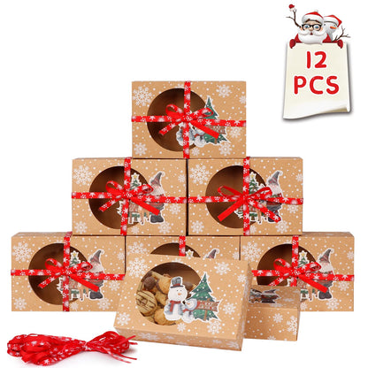 12 Packs Christmas Cookie Boxes with Window, Food Grade Kraft Bakery Boxes with Oilpaper and Ribbons, Cupcake Boxes for Holiday Gift Giving, Christmas Party Favors, Fits 12 Cookies or Cakes