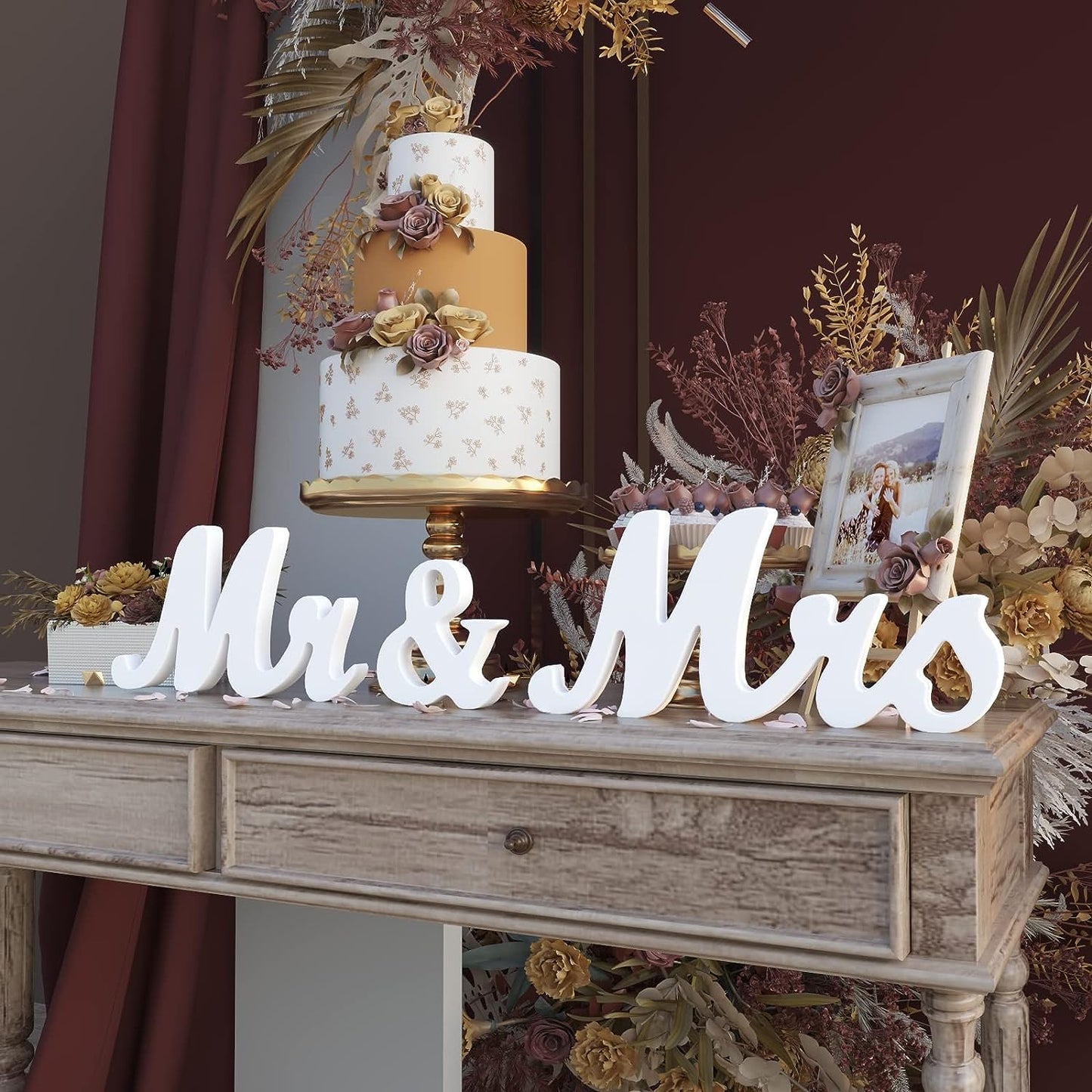 Mr and Mrs Sign for Wedding Table,Large White Mr and Mrs Sign,Wooden Letters,Mr & Miss Sign with Just Married Banner Wedding Decorations for Anniversary