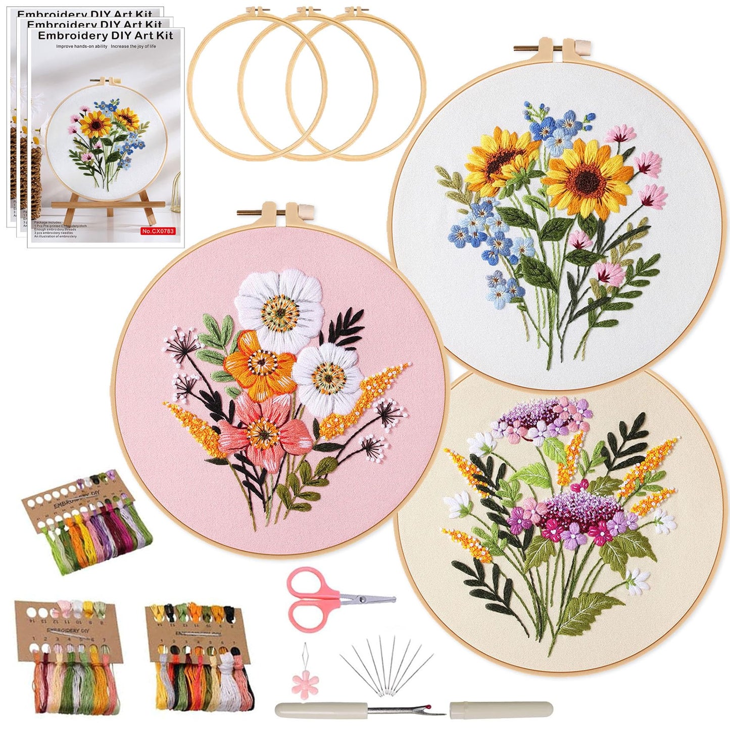 3 Sets Embroidery Kit for Beginners Cross Stitch Kits Needlepoint Kits Crafts for Adults with 3 Embroidery Hoops Easy-to-Follow Operating Instructions,Needle Point Kits with Flowers Patterns