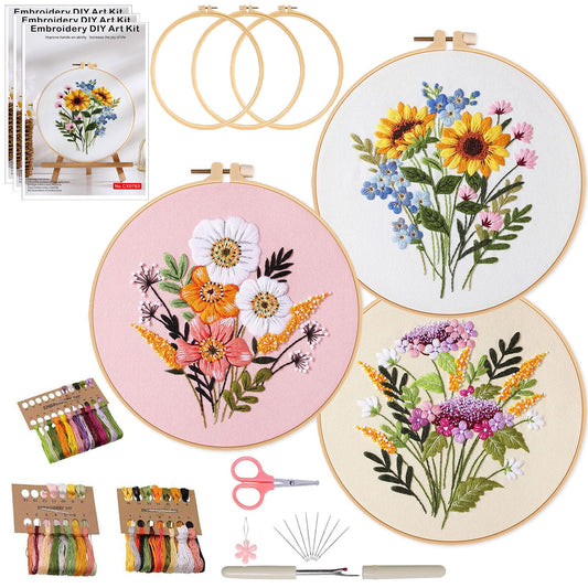 3 Sets Embroidery Kit for Beginners Cross Stitch Kits Needlepoint Kits Crafts for Adults with 3 Embroidery Hoops Easy-to-Follow Operating Instructions,Needle Point Kits with Flowers Patterns